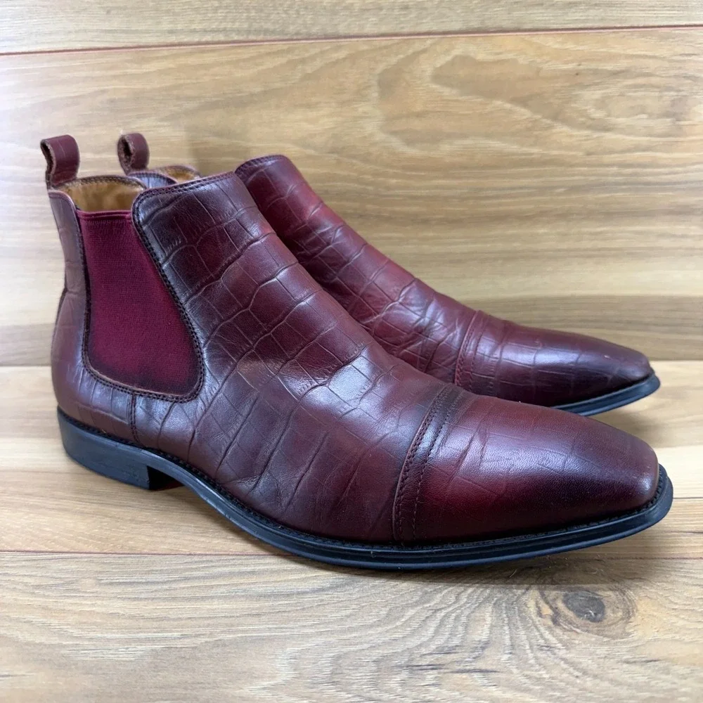 Salvatore Ferragamo Chelsea Boots Mens 8 EU 42 Burgundy Croc Embossed Square Toe